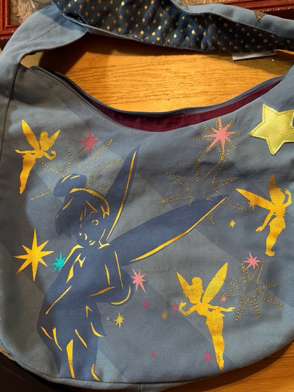 Disney Blue Tinkerbell Hobo Bag with Gold and Pink Accents